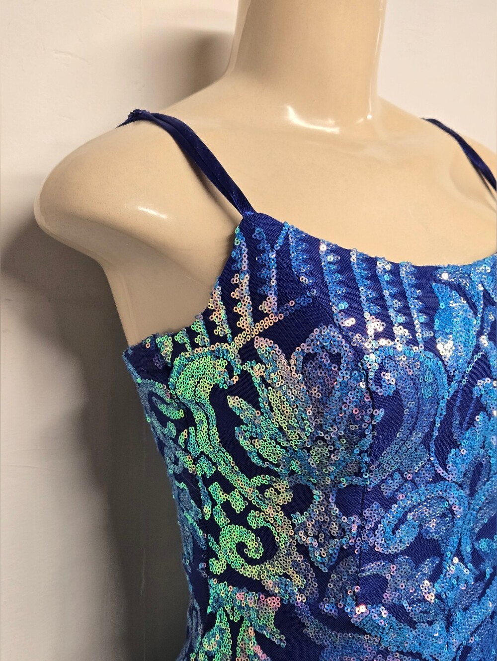 Emerald Sundae S Long Maxi Blue Formal Gown Dress Spaghetti Straps Sequins - Picture 3 of 6
